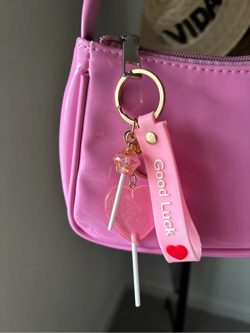 Y2K Pink Patent Shoulder Bag w/ Kawaii Charm Baguette Purse Cute Glossy
